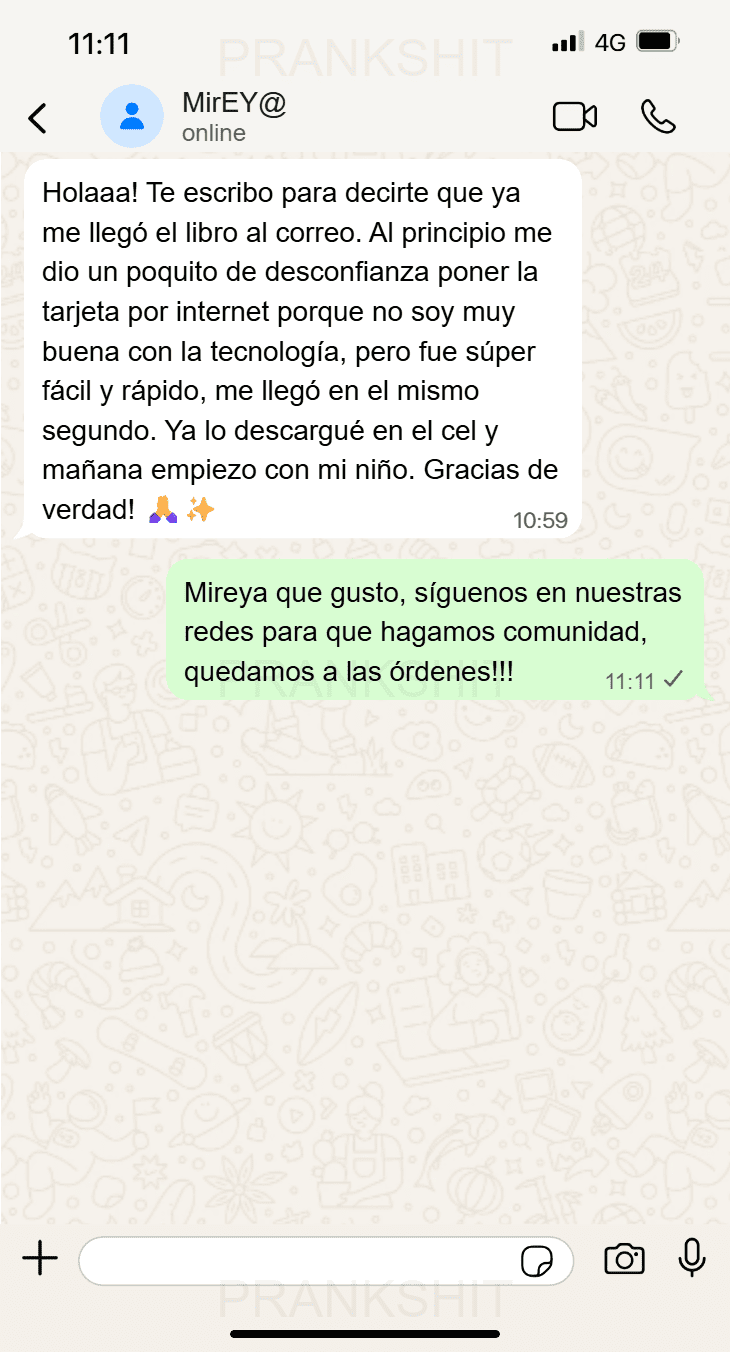 WHATSAPP-01 PANTALLA CON COMENTARIO DE WHATSAPP DE MAMA CONTENTA CON SU NUEVO EBOOK GIMNASIA CEREBRAL
